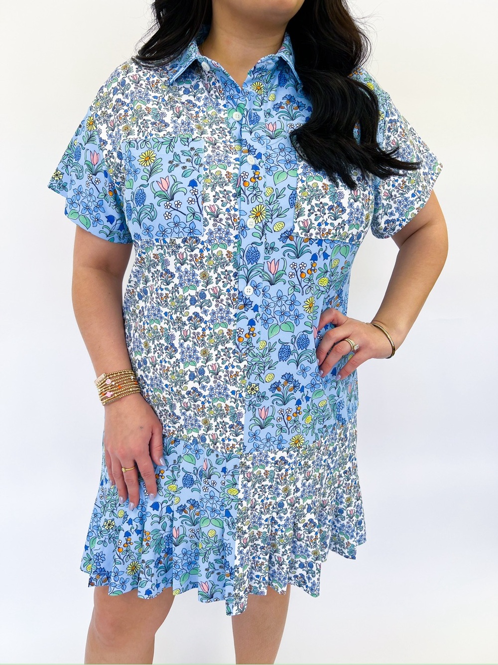 Light Blue Floral Patchwork Mini Shirt Dress